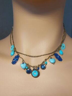 Turquoise and Navy Charm Pendant Necklace OHO